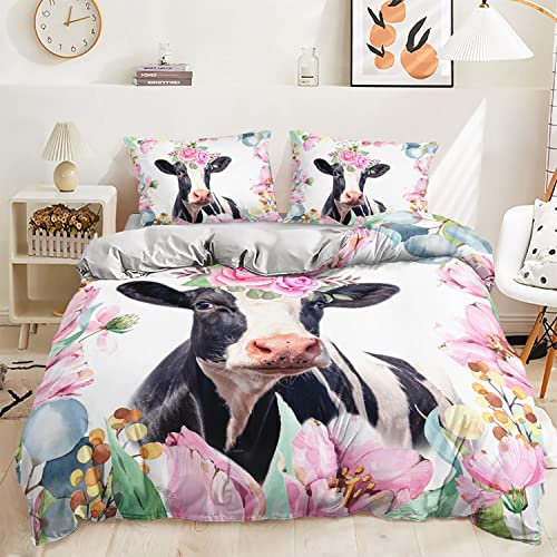 Lunoroey Cow Duvet Cover Set Single Size Pink Bedding 3D Printed Cows Quilt Cover Soft Breathable Easy Care Bedding Set