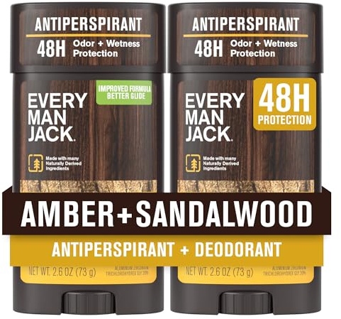 Every Man Jack Men’s Amber + Sandalwood Antiperspirant Deodorant – New & Improved Formula – 48-Hour Odor & Sweat Defense– 2.6 oz (2 Pack)