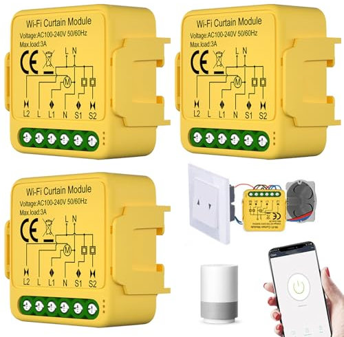 Módulo de interruptor inteligente de persiana WiFi (3 unidades, con ajuste de tiempo de funcionamiento para cortinas, persianas y toldos, compatible con Google Home/Smart Life/Tuya Smart)