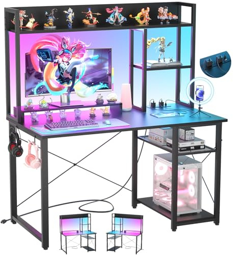 iSunirm Escritorio para Juegos Compartimento, Luces LED y Tomas de Corriente, 100 x 50 cm, estantes y Soporte para Monitor, Negro