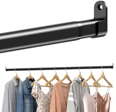 Clothes Rail Heavy Duty for Wardrobe Black, 25 mm Wall-Mounted Oval Hanging Rail, Extendable Wardrobe Rail with 2 Brackets, 43-101 cm