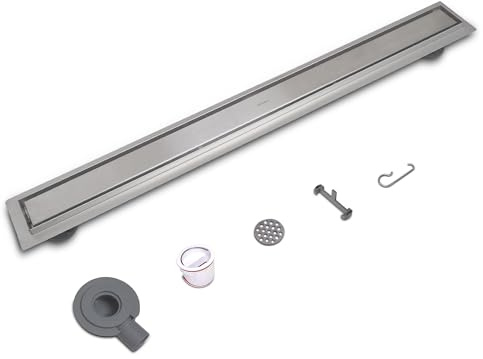 VANCOCO Rostfritt stål duschränna 90 cm golvbrunn komplett set 2-i-1 kakelbar dubbelsidig extra platt 360° sifon dräneringsränna med luktstopp hårsil hårfilter