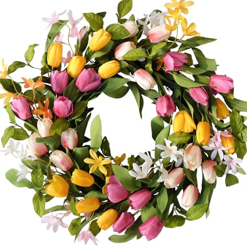 CIR OASES 22 Inch Spring Tulip Wreath, Artificial Floral Wreath with Yellow Pink Tulips and Green Leaves for Front Door, Indoor Outdoor Wall Window Courtyard Decor Party Festival Wedding Decor