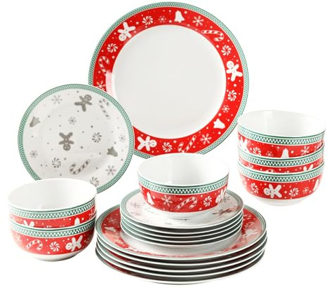 simpa 18PC Christmas Gingerbread Men Ceramic Porcelain Dinner Set. 6 Dinner Plates, 6 Side Plates & 6 Bowls. Dishwasher & Microwave Safe.