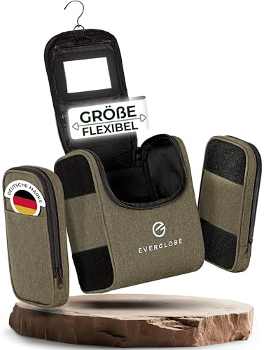 5in1 Kulturbeutel zum Aufhängen 7L [ANPASSBAR] Khaki mit Spiegel | Kosmetiktasche mit Griff, Kulturtasche Damen Gross, Kulturbeutel Herren groß, Schminktasche, Waschtasche, Toiletry Bag, Beauty Case