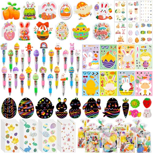 SZCECHRE 24 Pack Easter Party Favors Classroom Gifts Set with Classic Spring Designs, Easter Goodie Bags with Notebooks Pens Stickers Tattoos Scratch Art for Classroom Gifts Basket Stuffers