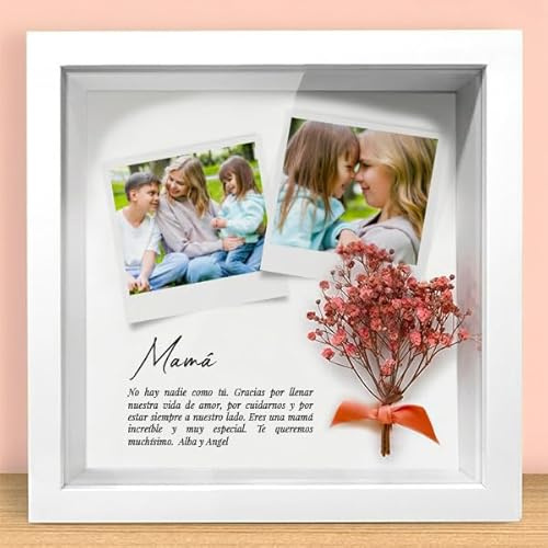 Transparent Gift Marco con Flores y Fotos Personalizadas. Ideal para Regalar. Decoración Personalizada para el Hogar. Regalo personalizado para Día de la Madre y Aniversarios.