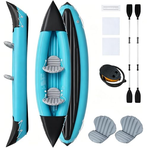 COSTWAY 2 Person Inflatable Kayak, 10.5ft/11.5ft Portable Sit in Canoe with Removable Seats, Aluminum Paddles and Pump, Blow up Boat Set for River Lake Islands (Blue, 321 x 92 x 45 cm)