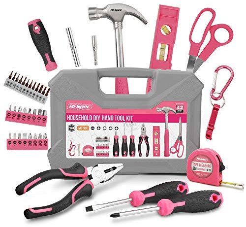 Hi-Spec 38pc Pink Tool Set for Women. Ladies DIY Hand Tool Kit with Screwdrivers & Toolbox – Small Basic Home Repair Tools for House, Office, and Beginners