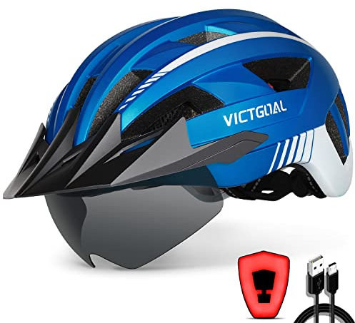Victgoal Bike Helmet with USB Rechargeable LED Light Removable Magnetic Goggles Visor Breathable MTB Mountain Bicycle Helmet for Unisex Men Women Adjustable Cycle Helmets (L: 57-61 cm, Metal Blue)