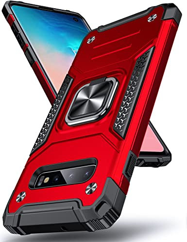 DASFOND Galaxy S10 Case, Military Grade Shockproof Protective Phone Case Cover with Enhanced Metal Ring Kickstand [Support Magnet Mount] Compatible with Samsung Galaxy S10, Red
