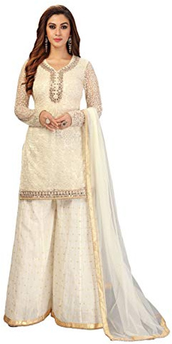TRENDMALLS Conjunto de traje Kurta Sharara bordado de algodón para mujer, Marfil, XXL