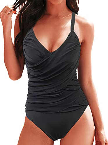 Rayson Bañadores Mujer Reductores Vientre Plano con Relleno Talla Grande Trajes de Baño Una Pieza Fruncido Cuello en V Bañador Reductor Mujer Espaguetis Ajustables