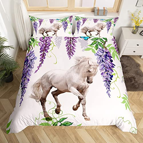 Homemissing Set copripiumino con motivo a cavallo galoppante, motivo glicine, motivo floreale, set di biancheria da letto per bambini, ragazzi, ragazze, adulti, taglia singola con 1 federa