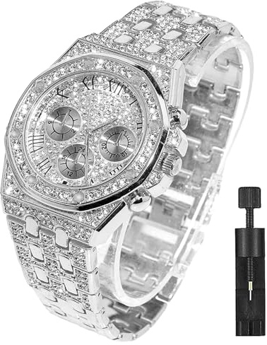 Apzzic Iced Out Watch Diamond Gold Plated CZ 40mm Width Roman Numerals Dial Quartz Wristband Watch for Men Women Silver