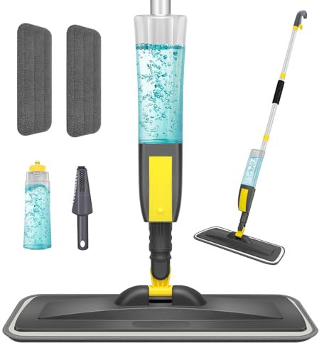 NileHome Trapeador para limpieza de suelos, mopa en aerosol con botella recargable de 400 ml y 2 almohadillas de repuesto para uso doméstico o comercial, mopa de polvo para azulejos laminados de