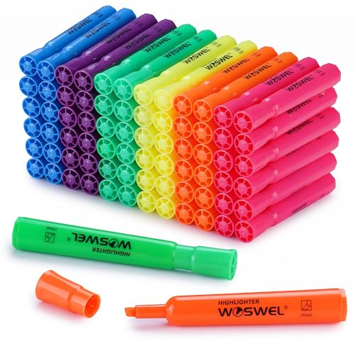 WOSWEL Highlighters Bulk, 72 Pack Tank Style Highlighters Assorted Fluorescent Colors Set, 6 Bright Colors Chisel Tip Highlighter Markers for Kid and Adult Coloring, Highlighting as School Supplies