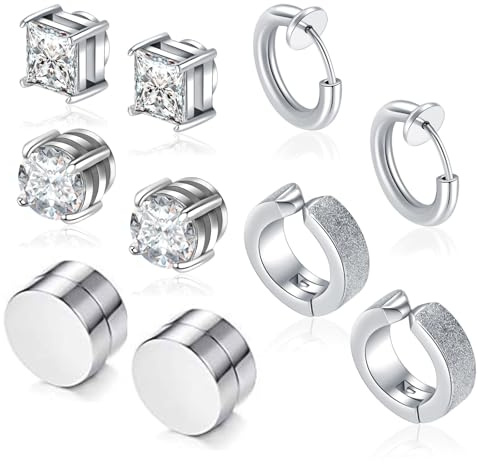 Besyvvin 5 Paar Magnet Ohrstecker Fake Ohrrings Magnetischer Ohrstecker Silber für Herren Mann Damen Chirurgenstahl