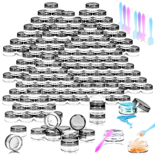 MotBach 100 Pcs 5g Empty Plastic Containers with Black Lids,Mini Makeup Sample Containers, Small Sample Pot Jars Round Cosmetic Jars with Mini Spatulas for Liquid Sample Powder Creams Lotions