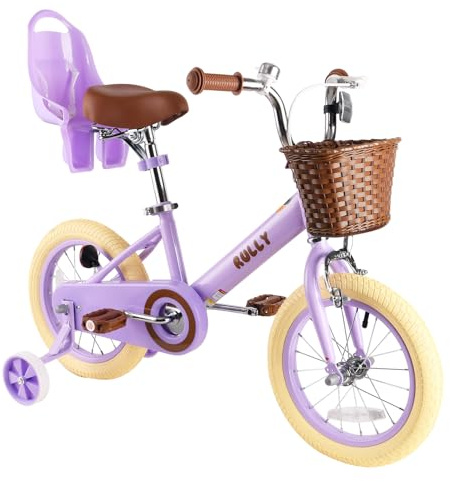 RULLY 14 Inch Girls Bike for 3 4 5 Years Girls with Training Wheels & Basket, Kids Bicycle with Doll Seat & Bell & Handbrake, Children Cycle, Purple