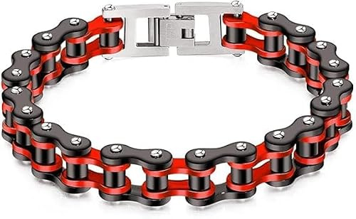 Ockyunoo Bracciale Motociclista Uomo, Bracciale Ciclismo Uomo, Bracciale a Catena da Motociclista in Acciaio Inossidabile, Bracciale a Maglie Punk Rock, Gioielli a Catena a Maglie Bangle (Rosso)