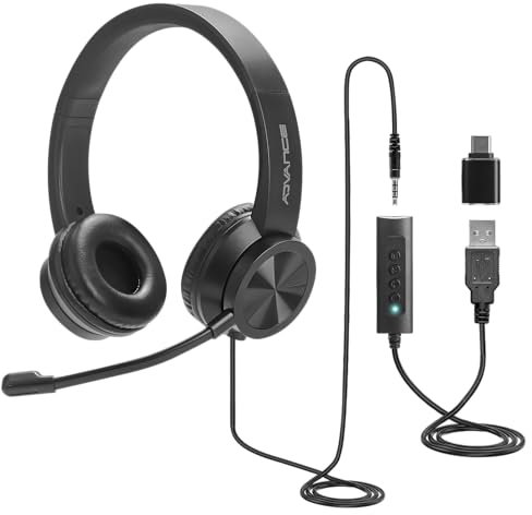 AD ADVANCE SMARTPHONICS 750 : Casque Micro PC stéréo 3 en 1 / Ecouteurs Simili-Cuir et Arceau réglable/Réduction de Bruit/Télécommande/Compatible PC/Mac/Idéal télétravail réunions Bureau Teams, skype