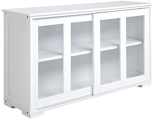 HOMCOM Aparador de Cocina Moderno Aparador Apilable Mueble Auxiliar de Cocina con 2 Puertas Corredizas de Vidrio y Estante Ajustable para Salón Comedor 107x33x62,5 cm Blanco