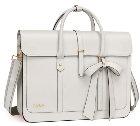 MOSISO Laptop Bag for Women, 15-15.6 inch PU Leather Laptop Shoulder Bag Convertible Backpack, 16 inch Messenger Bag Casual Handbag Work Briefcase Travel Computer Bag with Bowknot, Beige