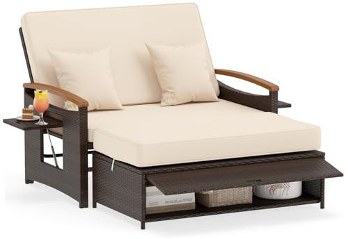 COSTWAY Salon de Jardin en Rotin avec Ottoman de Rangement Charge 360KG, Bain de Soleil avec Plateau Latéral Rétractable Dossier Réglable Coussins 4 Positions, Canapé à 2 Places (Beige)