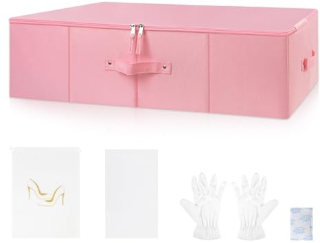 Wedding Dress Storage Box,Wedding Dress Preservation Box with 50 Sheets of Acid Free Tissue Paper,1 Pair Microfibe Gloves,Dustproof Bag and Clothing Desiccants,WeddingDress Preservation Kit(Pink）