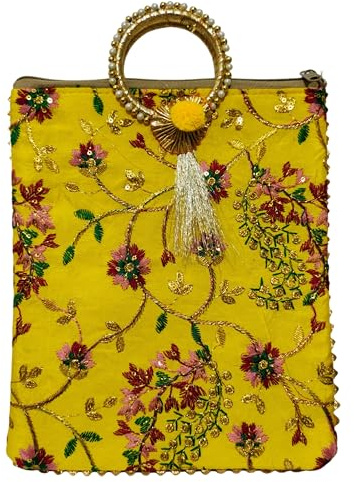 EliteKoopers Indian Thread Work Embroidery Women Handbag/Purse/Clutch/Tote Bag for Haldi Mehendi Wedding Favours, Gifting, Christmas (Yellow)