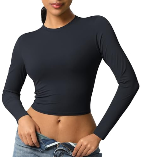 JTSONN Camiseta Deportiva de Manga Larga para Mujer Transpirable Camisa Funcional Camiseta para Correr Camisa de Compresión Cuello Redondo Yoga Fitness Workout Gym Running Crop Top