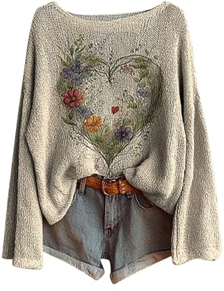 Pull Femme Hiver Vintage Imprimé Floral Bohème Pull Over Tricoté Chic Col Rond Manche Longue Sweater Motif Jacquard Hauts Oversize Léger Vetement 2026 Femme Automne-Hiver