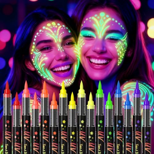 INAFKDPONR 16-color luminous body painting, UV neon face painting pen, luminous face painting kit, washable skin tattoo pen, Halloween party makeup (16 colors)