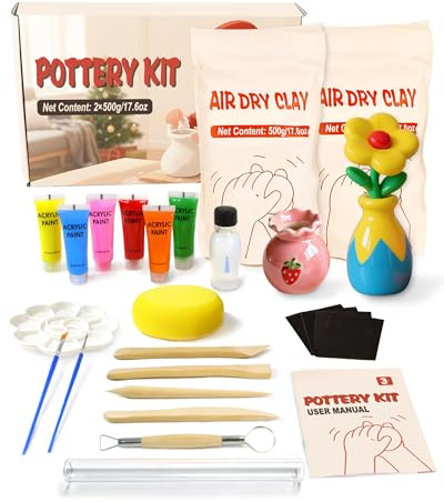 Velozenithize Pottery Kit, 1 kg Air Dry Clay for Adults Contains Six Paints, 20 ML Air Dry Clay Glaze, for Beginners and Adults