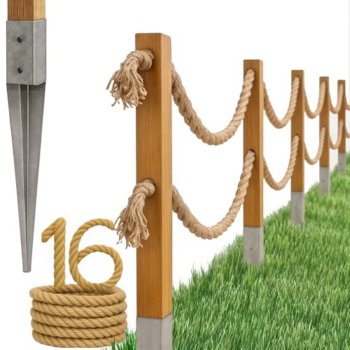 Bogateco Recinzione in legno a doppia fune, 16 m, set completo con corda di iuta da 30 mm e pali in legno, legno impregnato con manicotti per terreno, marrone chiaro