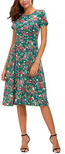 EXCHIC Donna Elegante Floreale Midi Vestito Maniche Corte Elastico Estate Abito