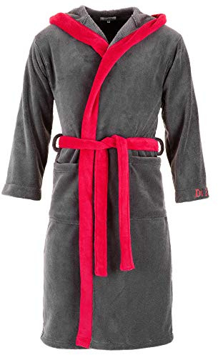 Di Ficchiano - Accappatoio da uomo “Monza” con cappuccio, in microfibra, colori e taglie a scelta da XXS a 5XL, conforme allo standard Öko-Tex 100 Grigio/Rosso XXXX-Large