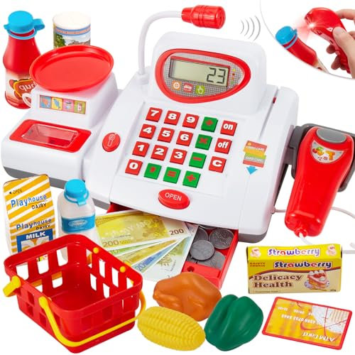 BUYGER Elektronische Groß Kasse Kinder 3 Jahre Supermarkt Kasse mit Mikrofon Scanner Spielgeld Spielzeug Kaufladen Zubehör, Rollenspiele für Kinder