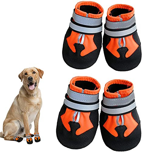 Dricar Bottes Chien, Ensemble de 4 Chaussures pour Chiens Antidérapant, Bottes de Protection pour Chien Imperméable pour Chiens de Taille Moyenne et Grande (S, Orange)