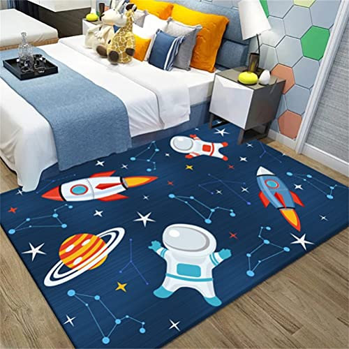Kinderteppich Universe Planet Astronaut 3D Wohnzimmerteppich Rutschfest Blau Schwarz Raumschiff Rakete Teppiche Jungen und Mädchen Spielteppich Kinderzimmer Teppich Waschbar (Farbe5,80 x 120 cm)