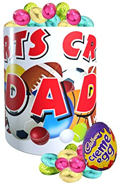 Father's Day Sports Crazy White Ceramic Gift Mug with Selection Of Individually Foil Wrapped Chocolate Mini Eggs And A Cadburys Cream Egg