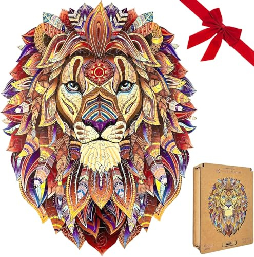 Lubiwood Mighty Lion Unique Shaped Animal Wood Puzzle (42x29 cm) - Encourages Focus & Creativity - Includes Wood Gift Box - Ideal for Adults