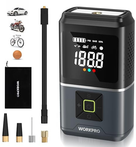 WORKPRO Compresseur à Air Portatif 7,2 V, Gonfleur Pneu Voiture avec Batterie 2500 mAh, Gonfleur Electrique 150PSI(10,3Bar) 4 Modes de Gonflage pour Pneus de Voiture Velo Ballon Moto Matelas Gonflable