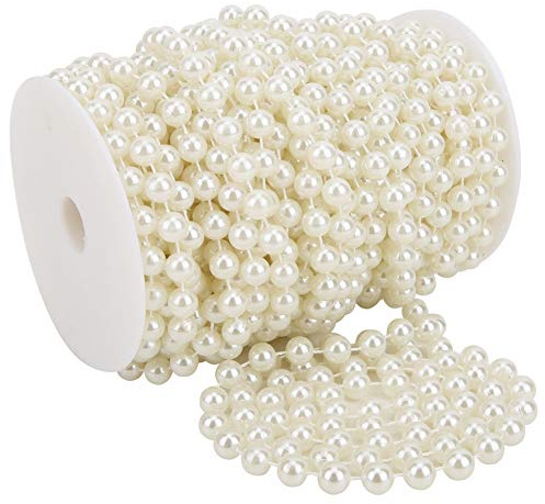 Wakects Hilo de perlas blancas, 20 m, rollo de 10 mm, guirnalda de perlas de ABS para boda, ropa, trabajos artesanales (beige)