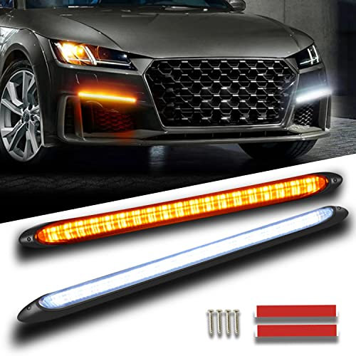 Qasim Car DRL Daytime Running Lights Strip Waterproof 12V Motorcycle Headlight Sequential Turn Signal White Yellow Flow Day Light 2Pcs (34.5CM)
