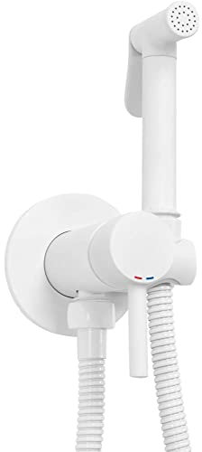 Rea ROBINET DE BIDET ENCASTRÉ LUNGO LOOP WHITE pulvérisateur en laiton à fixation murale mitigeur Eau Froide et Chaude avec douchette à Main pour WC Toilette (Blanc)