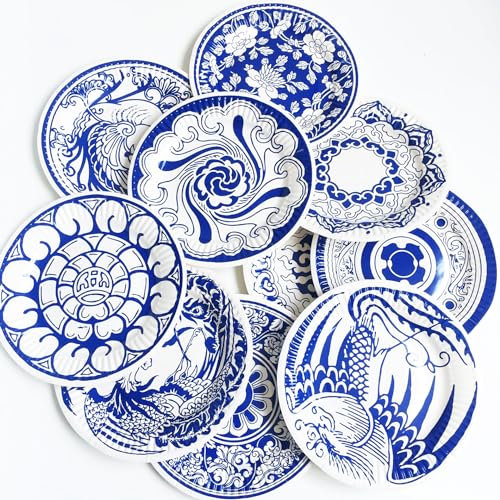 GW Box Paquete de 24 platos de papel florales vintage, platos de papel azul y blanco de 7 pulgadas, vajilla desechable para fiesta de té de la tarde, cumpleaños, boda