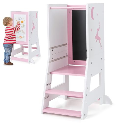 GOPLUS inlärningstorn för barn, mångsidig trapppall av trä med 3 justerbara höjder, lärostol baby med whiteboard, tavla, 3 pennor, för barn från 1 år, 37 x 50 x 87 cm (rosa)