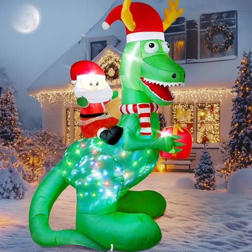 Vintoney Uppblåsbar dinosaurie med jultomte, led-juldekoration för utomhusbruk, roliga uppblåsbara julfigurer för trädgård, gård och balkong, XXL-juldekoration, 244 cm